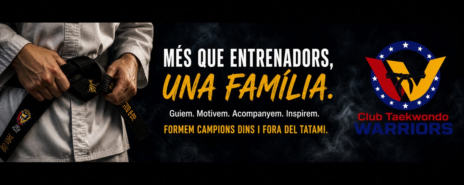 Banner Warriors con cinturÃ³n negro, mensaje familiar y logo del club
